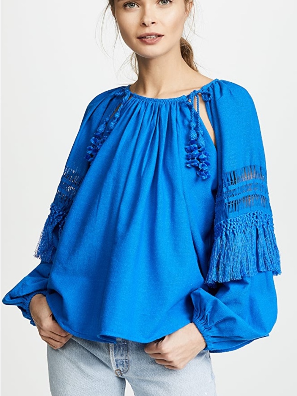 NWT Ulla Johnson Cobalt Blue Tassel-Trim Peasant Duman Blouse